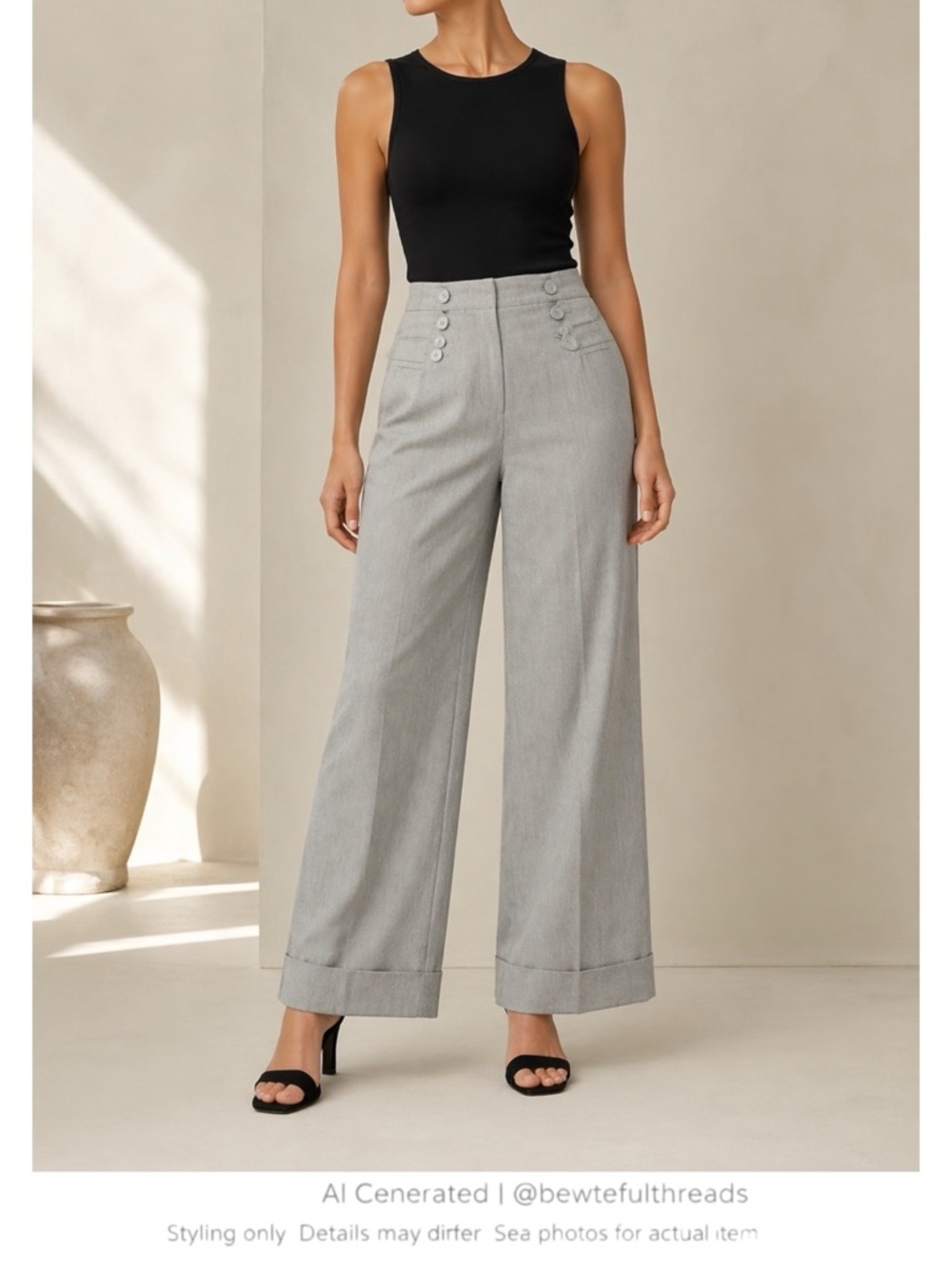 Quiet Luxury Grey Wide Leg Trousers High Rise Cuffed Petite 10P